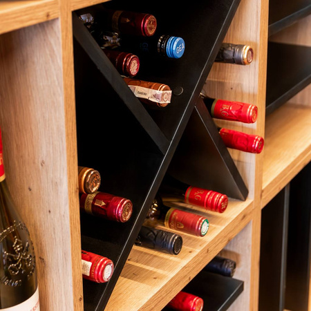 Moduł regału ozdobnego na wino/alkohole mocne Mega-M H-86 cm L-100 cm G-40 cm dąb artisan/czarny