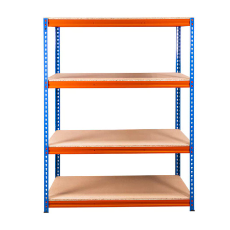 Regał magazynowy Mega-M Pro Max H-180 cm L-120 cm G-60 cm 4 półki z płyty wiórowej 15 mm (500kg) niebieski/pomarańczowy 2 kartony N