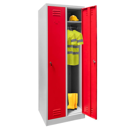 Szafka ubraniowa BHP Mega-M J-60 2 drzwiowa szara/ czerwony front  S-60 cm G-50 cm H-180 cm skręcana N