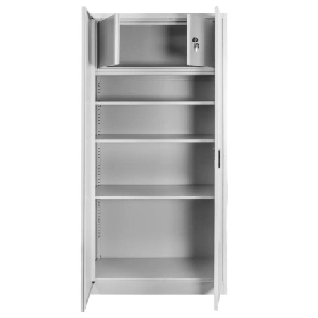 Szafa biurowa metalowa na dokumenty ze skarbczykiem Mega-M pełne drzwi S-90 cm G-40 cm H-185 cm szara