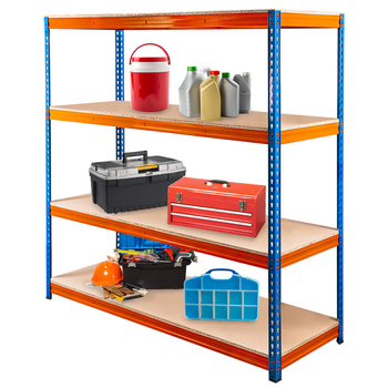 Regał magazynowy Mega-M PRO MAX H-180 cm L-180 cm G-60 cm 4 półki z MDF 15 mm 500 kg niebiesko-pomarańczowy