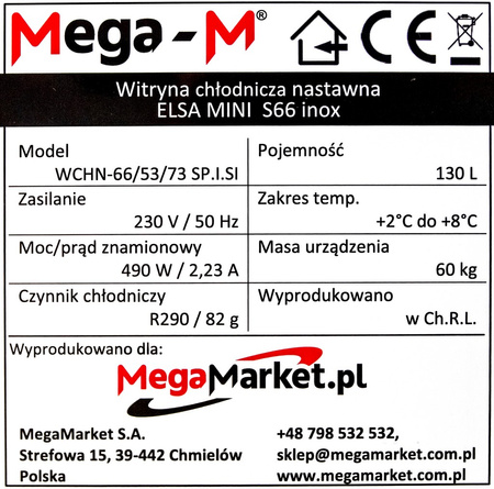 Witryna chłodnicza nastawna Mega-M ELSA MINI S66 S-66 cm G-53 cm H-69 cm inox N