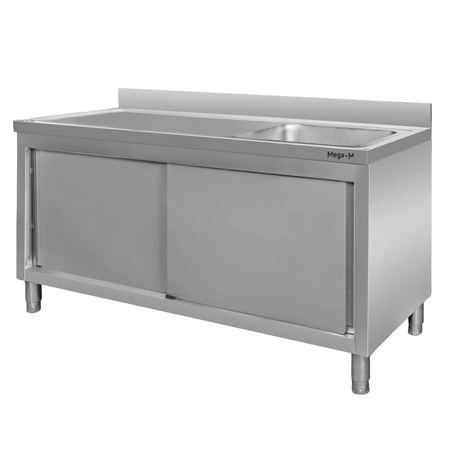 Stół ze stali nierdzewnej przyścienny ze zlewem po prawej stronie i z szafką Mega-M S-160 cm G-60 cm H-85 cm N