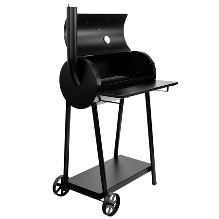 Grill ogrodowy węglowy beczka z pokrywą i kominem Mega-M stolik boczny 53x29 cm