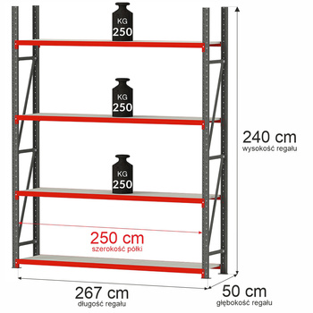 Regał metalowy magazynowy 4-półkowy Mega-M FORTIS H-240 cm L-267 cm G-50 cm moduł bazowy