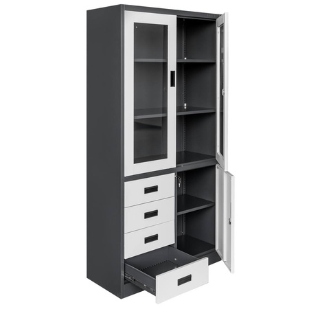 Szafa biurowa metalowa Mega-M WENUS W-11 na akta przeszklona z szufladami grafitowa / szary front S- 90 cm G- 40 cm H-185 cm skręcana N