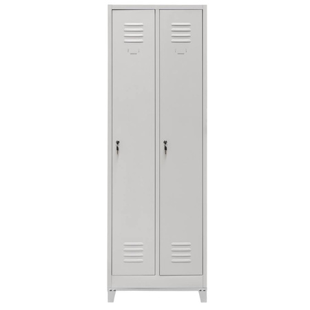 Szafka ubraniowa BHP Mega-M na podstawie z nóżkami 2 drzwiowa z przegrodami szara S-60 cm G-50 cm H-190 cm skręcana N