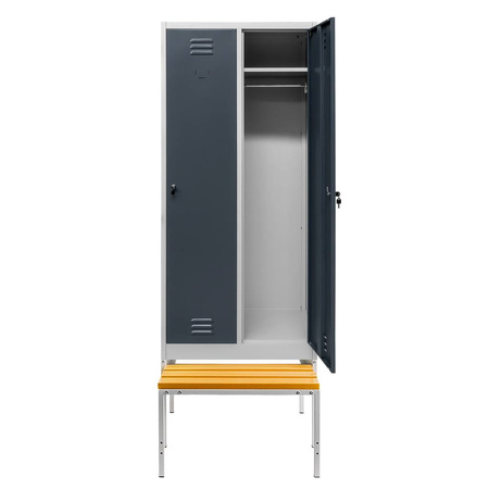 Szafka ubraniowa BHP Mega-M J-80 na podstawie z wysuwaną ławeczką 2 drzwiowa szara/ grafitowy front  S-80 cm G-80 cm H-223 cm skręcana N
