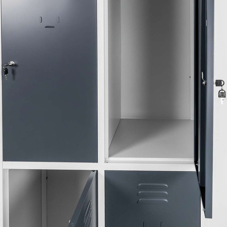 Szafka ubraniowa skrytkowa BHP Mega-M J-80/4 4 drzwiowa szara/ grafitowy front S-80 cm G-50 cm H-180 cm skręcana N