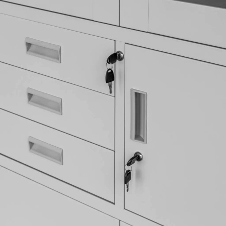 Szafa biurowa metalowa na akta Mega-M WENUS przeszklone drzwi sejf S- 90 cm G- 40 cm H-185 cm szara skręcana