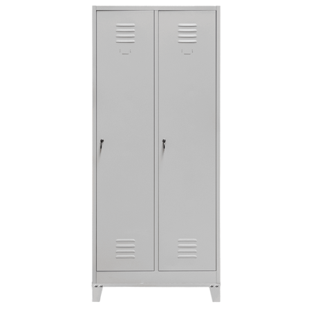 Szafka ubraniowa BHP Mega-M J-80 na podstawie z nóżkami  2 drzwiowa z przegrodami szara S-80 cm G-50 cm H-190 cm skręcana N