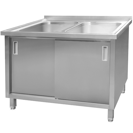 Zlew gastronomiczny spawany dwukomorowy z szafką Mega-M 120x70x85 cm stal nierdzewna