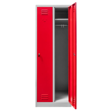 Szafka ubraniowa BHP Mega-M J-60 2 drzwiowa szara/ czerwony front  S-60 cm G-50 cm H-180 cm skręcana (wysyłka paletowa) N