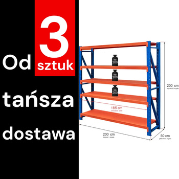 Regał metalowy magazynowy 5-półkowy Mega-M FORTIS LIGHT H-200 cm L-200 cm G-50 cm moduł bazowy WYSYŁKA PALETOWA