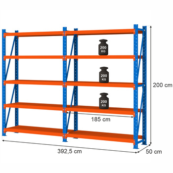 Regał magazynowy 5-półkowy Mega-M FORTIS LIGHT H-200 cm L-392,5 cm G-50 cm zestaw (2 moduły) N
