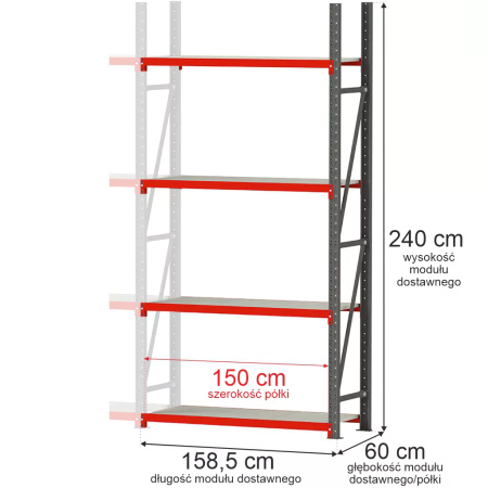 Regał metalowy magazynowy 4-półkowy Mega-M FORTIS H-240 cm L-158.5 cm G-60 cm moduł dostawny