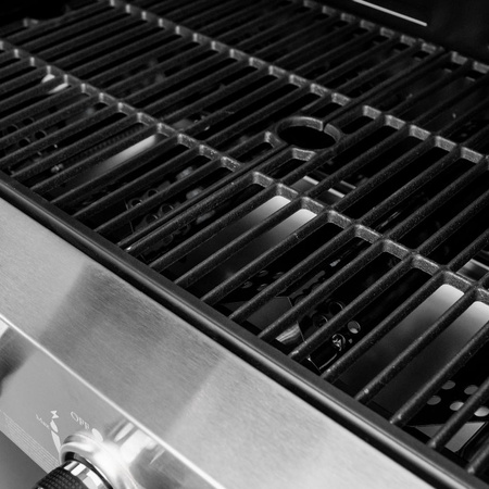 Grill ogrodowy gazowy Mega-M 4+1 ze stolikiem bocznym z pokrywą ze stali nierdzewnej reduktor + wąż gazowy