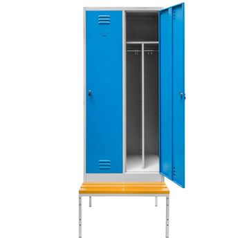 Szafka BHP ubraniowa na podstawie z ławeczką Mega-M pracownicza 2-drzwiowa z przegrodami S-80 cm szara/niebieski front