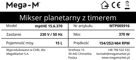 Mikser planetarny z timerem 15L Mega-M mptHE 15.6.370