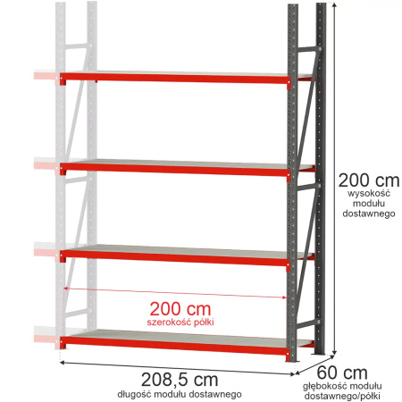Regał metalowy magazynowy 4-półkowy Mega-M FORTIS H-200 cm L-208.5 cm G-60 cm moduł dostawny