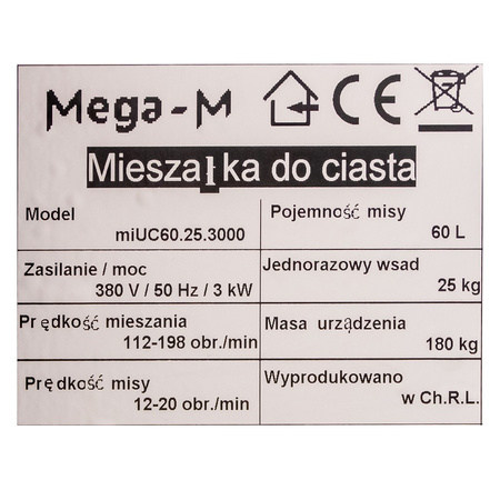 Mikser spiralny do ciasta 60L Mega-M miUC60.25.3000