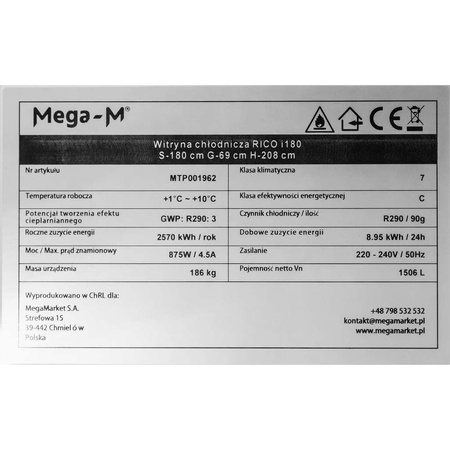 Witryna chłodnicza 3-drzwiowa 1506L Mega-M RICO i180 oświetlenie LED podświetlany górny plafon reklamowy
