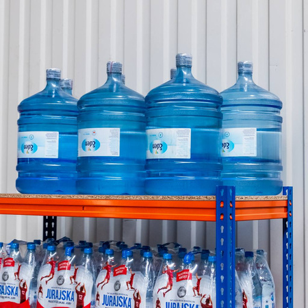 Regał magazynowy Mega-M Pro Max H-180 cm L-120 cm G-60 cm 4 półki z płyty wiórowej 15 mm (500kg) niebieski/pomarańczowy 2 kartony N