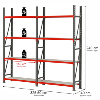 Regał magazynowy 8-półkowy Mega-M FORTIS H-240 cm L-325.5 cm G-40 cm