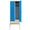 Szafka ubraniowa BHP Mega-M J-80 na podstawie z wysuwaną ławeczką 2 drzwiowa szara/ niebieski front S-80 cm G-80 cm H-223 cm skręcana N