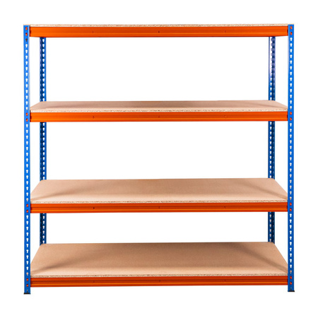 Regał magazynowy Mega-M Pro Max H-180 cm L-180 cm G-60 cm 4 półki z płyty wiórowej 15 mm (500kg) niebieski/pomarańczowy 2 kartony N