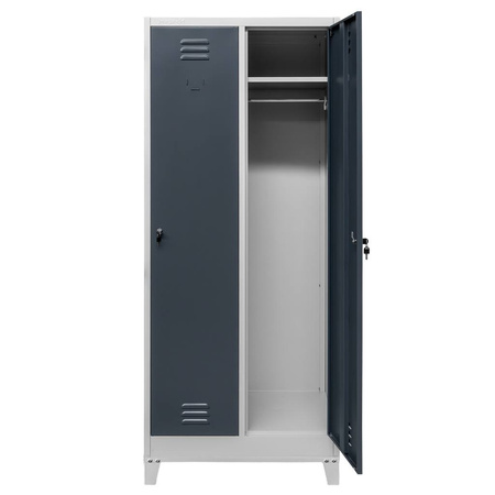 Szafka ubraniowa BHP Mega-M J-80 na podstawie z nóżkami 2 drzwiowa szara/ grafitowy front  S-80 cm G-50 cm H-190 cm skręcana N