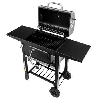 Grill ogrodowy węglowy z pokrywą i rusztem emaliowanym Mega-M 2x stolik boczny 42x30 cm