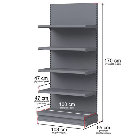 Regał sklepowy Mega-M Merkury przyścienny H-170 cm L-103 cm G-47 cm moduł bazowy grafitowy