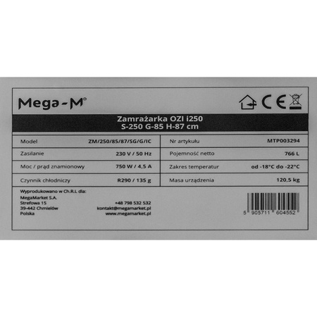 Zamrażarka Mega-M OZI i250 Automatyczne rozmrażanie S-250 cm G-85 cm H-87 cm N