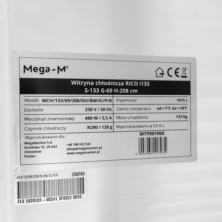 Witryna chłodnicza Mega-M RICO i133 S-133 cm G-69 cm H-208 cm N