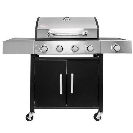 Grill ogrodowy gazowy Mega-M 4+1 ze stolikiem bocznym z pokrywą ze stali nierdzewnej reduktor + wąż gazowy