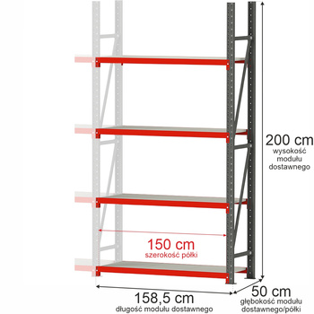 Regał magazynowy 4-półkowy Mega-M FORTIS H-200 cm L-158,5 cm G-50 cm moduł dostawny N