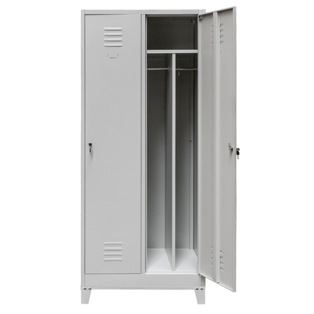 Szafka BHP ubraniowa na podstawie z nóżkami Mega-M pracownicza 2-drzwiowa z przegrodami S-80 cm szara