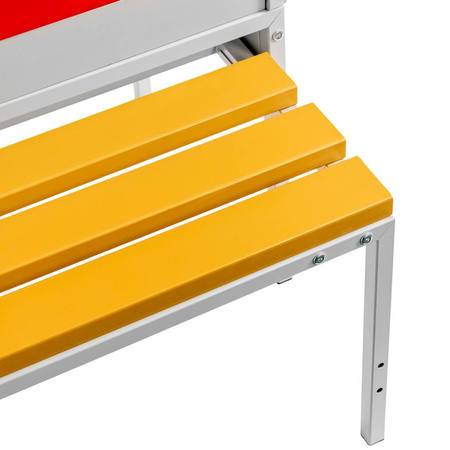 Szafka ubraniowa BHP Mega-M J-80 na podstawie z wysuwaną ławeczką 2 drzwiowa z przegrodami szara/ czerwony front S-80 cm G-80 cm H-223 cm skręcana N