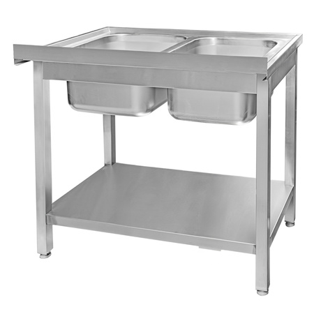 Zlew ze stali nierdzewnej 2-komorowy przyścienny spawany z półką Mega-M S-100 cm G-70 cm H-85 cm N