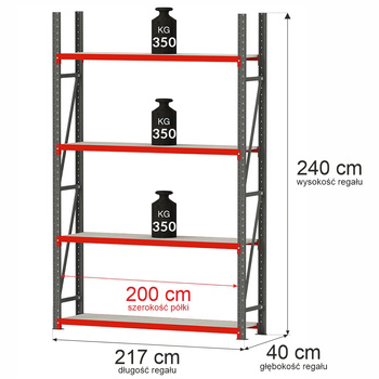 Regał metalowy magazynowy 4-półkowy Mega-M FORTIS H-240 cm L-217 cm G-40 cm moduł bazowy
