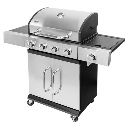 Grill ogrodowy gazowy Mega-M 4+1 ze stolikiem bocznym z pokrywą i drzwiczkami ze stali nierdzewnej reduktor + wąż gazowy
