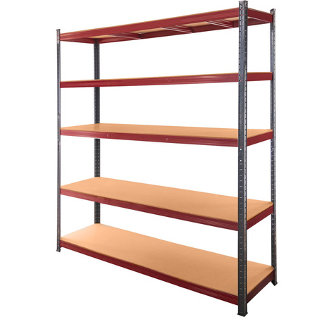 Regał magazynowy Mega-M BASIC PLUS H-180 cm L-150 cm G-45 cm 5 półek z MDF 6.8 mm 275 kg grafitowo-czerwony