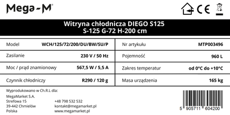 Witryna chłodnicza Mega-M DIEGO S40 Exclusive S-39 cm G-47 cm H-188 cm N