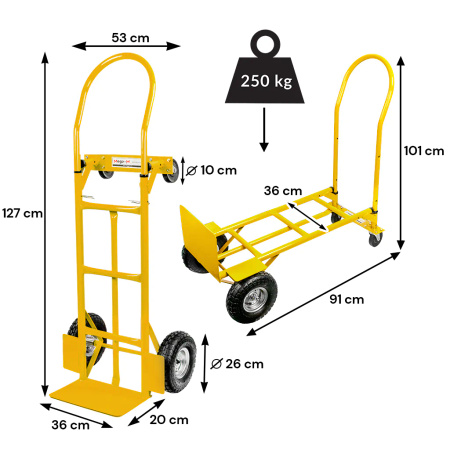 Rozkładany wózek transportowy 2w1 magazynowy młynarka taczkowy Mega-M 250kg żółty