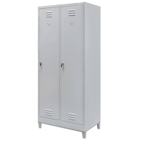 Szafka ubraniowa BHP Mega-M J-80 na podstawie z nóżkami  2 drzwiowa z przegrodami szara S-80 cm G-50 cm H-190 cm skręcana N