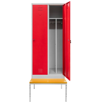 Szafka BHP ubraniowa na podstawie z ławeczką Mega-M pracownicza 2-drzwiowa z przegrodami S-80 cm szara/czerwony front