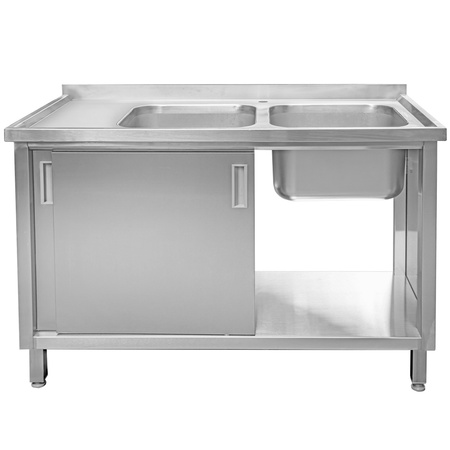 Zlew gastronomiczny spawany dwukomorowy z szafką Mega-M 140x70x85 cm stal nierdzewna
