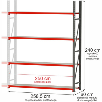 Regał metalowy magazynowy 4-półkowy Mega-M FORTIS H-240 cm L-258.5 cm G-60 cm moduł dostawny