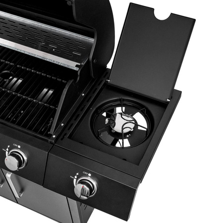 Grill ogrodowy gazowy Mega-M 4+1 ze stolikiem bocznym czarny reduktor + wąż gazowy